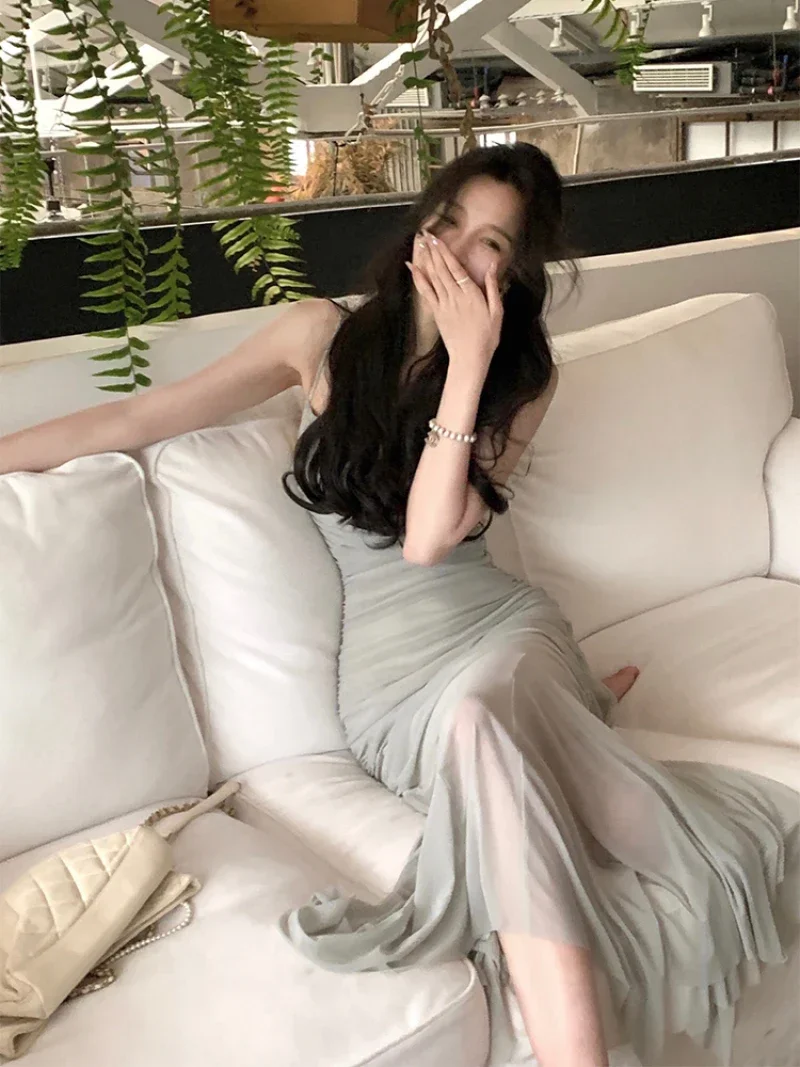 Kórejský Elegantné Ramienka Šaty Žien 2023 Lete Nové Módne Večierok Dámy Vintage Sexy Štíhla Žena Šaty