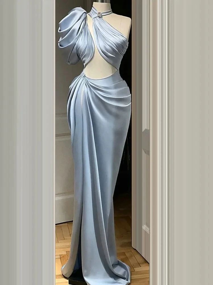 Jednoduché Prom Šaty Modré Saténové Šaty Pre Formálnej Strany Elegantné Večerné Šaty Dĺžka Podlahy Jeden Obláčik Rukávy Vestidos De Gala 2024