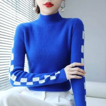 100% Merino vlna pletený pulóver žien sveter jeseň a v zime semi-vysoký krk dlhý rukáv klesnutie tričko slim top  2
