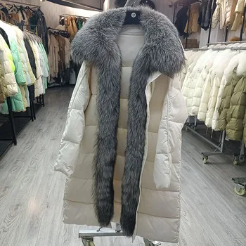 2023 Dlhé Voľné Hus Nadol Kabát S Reálnymi Fox Kožušiny Golier Dlhý Rukáv Fashion Hrubé Teplé Zimné Dlho Nadol Coats  5