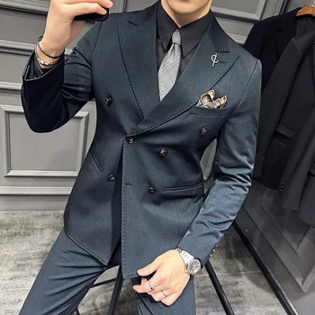 2024-Nový Vysoko Zmysle (vyhovovali + Vesta + Nohavice) pánskej Módy Business Bežné Gentleman Dvojité Breasted Svadobné Šaty kórejský Oblek  10