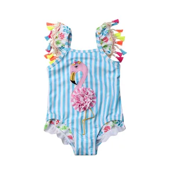 6M-5T Deti, Baby, Dievčatá Bikini Flamingo Novonarodené Dievčatká Modré Pruhované Plavky Strapec jednodielne Plavky, plavky plážové oblečenie  10