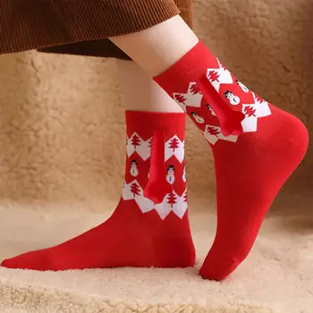 Anti-slip Ponožky Zábavné Magnetické Sacie Pár Pruhované Ponožky Snowflake Tlač Držanie Rúk Mid-tube Vianočné Ponožky Jedinečný Dar  5