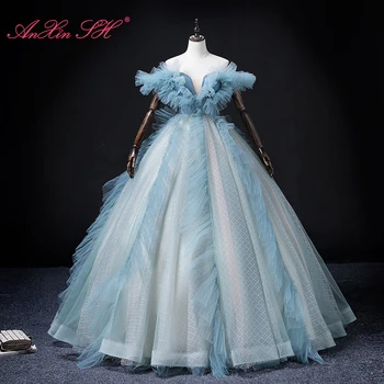 AnXin SH vintage blue čipky loď krku lištovanie crystal plesové šaty princezná volánikmi iskrivý strany nevesty hosť čipky večerné šaty  0