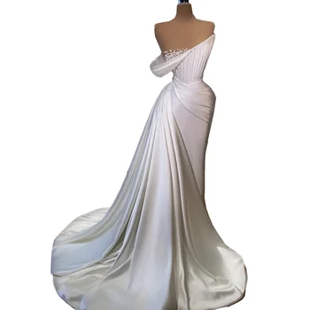 biele šaty ples perly záhybov lištovanie perly morská víla vestido de luxo gala svadobné party šaty  5