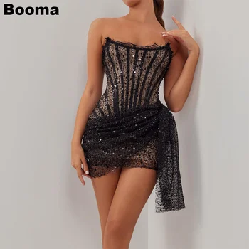Booma Čierny Lesk Mini Prom Šaty bez Rukávov Boning Sequined Večerné Šaty pre Black Dievčatá Narodeninovej Party Šaty Plus Veľkosť  0