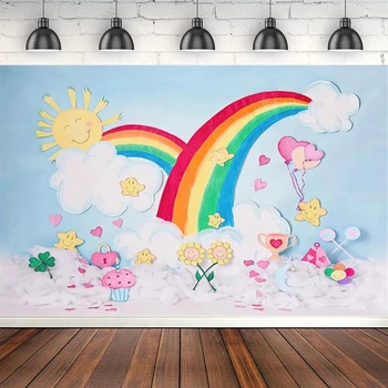 Cartoon Rainbow Slnko Fotografie Kulisu Pre Deti Narodeninovú Tortu Rozbiť Photo Studio Stánku Pozadí Kvetinový Hviezdy Dekor  10