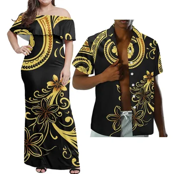 HYCOOL Ibištek Vytlačiť, Ramenný Zlaté Šaty Pre Ženy Polynézskej Tribal Pár Šaty Svadobné Hostí Dlhé Letné Oblečenie pre voľný čas  5
