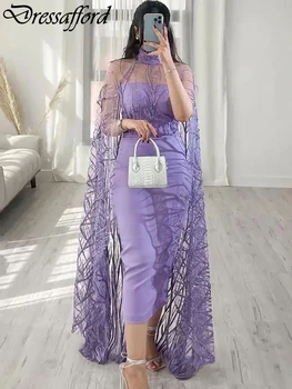 Lila Vysoká Krku Ilúzie Dubaj Plášť Večerné Šaty S Cape Crystal Lištovanie Formálnej Strany Nosiť Šaty  5