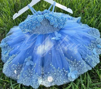 Modrá Kvetina Dievča Šaty Pre Svadobné Opuchnuté Perly Podväzky Nášivka Princezná Deti Na Prvé Sväté Prijímanie Plesové Šaty, Narodeniny, Party Šaty  0