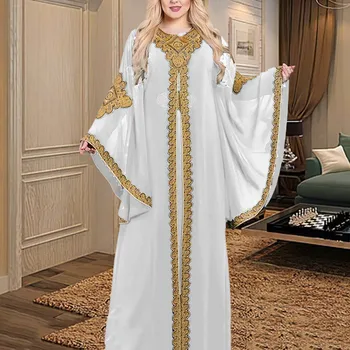 Party Šaty pre Ženy Abaya Moslimských Kaftane 2 Kus Súbor Eid Svetlice Rukávy Župan Vyšívané Zlatom Čipky Šaty, Oblek Jalabiya Ramadánu  5