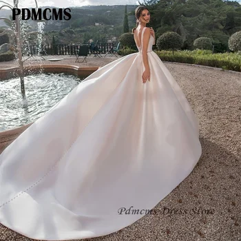 PDMCMS Elegantné Saténové Svadobné Šaty Lopatka Backless Jednoduché Pás Korálkové Svadobné Šaty Súd Vlak Princezná Svadobné Šaty  4