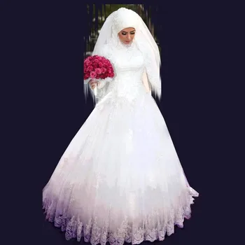 Reálne Vzorky Vysokej Krku, Dlhými Rukávmi Vintage Moslimských plesové Šaty 2018 arabčina Svadobné Šaty Župan Mariage De matka nevesty šaty  10