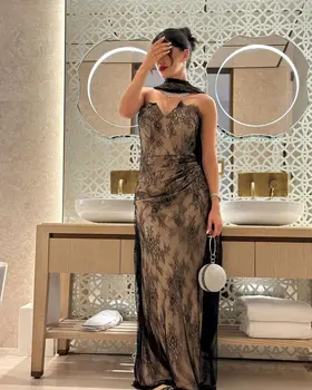 Saudská Arábia Elegantné Večerné Šaty Čiernej Čipky Prom Šaty Tvaru S Cape Bez Rukávov, Na Poschodí-Dĺžka Morská Víla Moderný Party Šaty  5