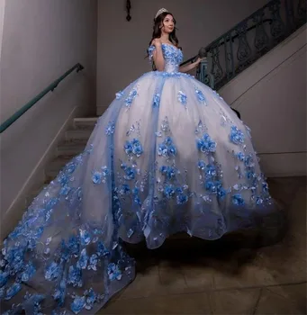 Sky Blue (Nebeská Modrá Princezná Quinceanera Šaty Plesové Šaty Ramena Kvetinový Perly Sweet 16 Šaty 15 Años Mexickej  0