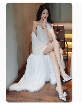 Svadobné Šaty White Pearl alebo Pierko Rúcha Nightdress Nightgown Žien Spánku Bachelorette Party Lounge Svadobné Ráno Kimono Nové  5