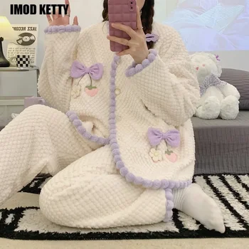 V-krk Dlhý Rukáv Teplé Sleepwear Hrubé Bežné Cardigan Sleepwear Zimné Coral Fleece Pajama Sady Ženy Sladký kórejský Univerzálny  5