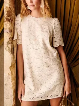 Šaty pre Ženy 2023 Nové Bavlna Výšivky Duté Z O-Krku Voľné Elegantné Sladké Krátke Mini Šaty  4